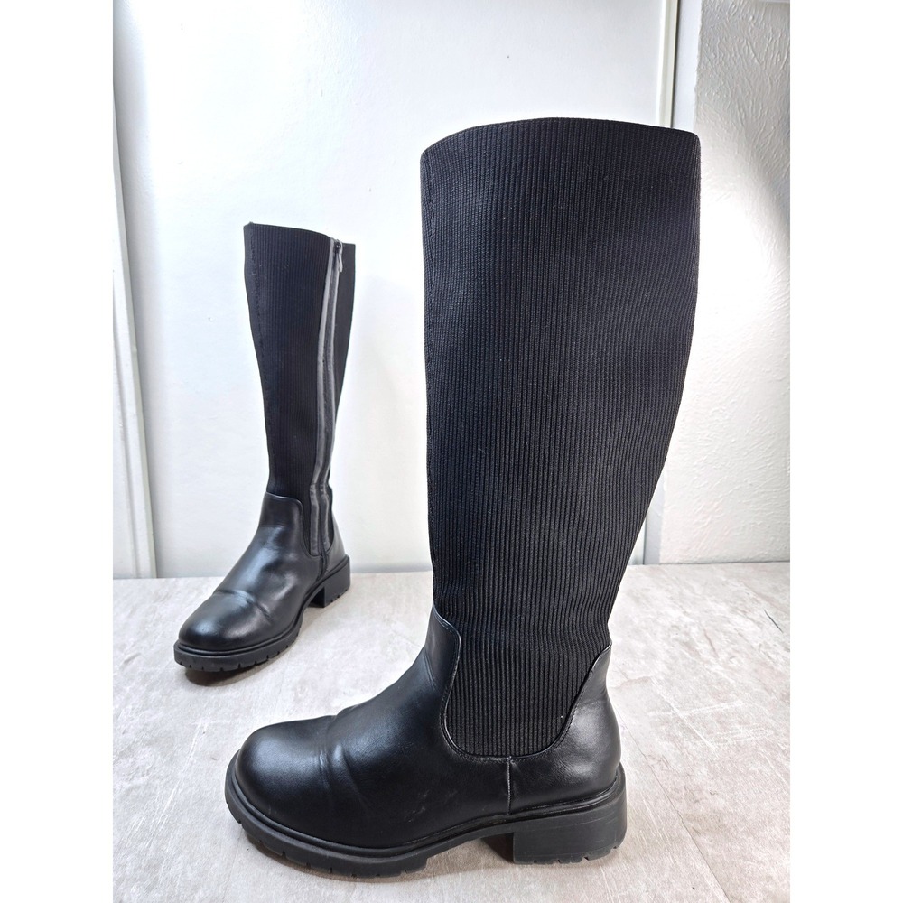 Tall Lug Sole Boots 11 Wide Calf Black Knit Stretch Combat Grunge Edgy Knee High